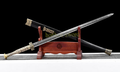 Handgeschmiedetes japanisches Samurai-Schwert Katana aus Damaszener-Faltstahl, scharf, ganz in Schwarz 