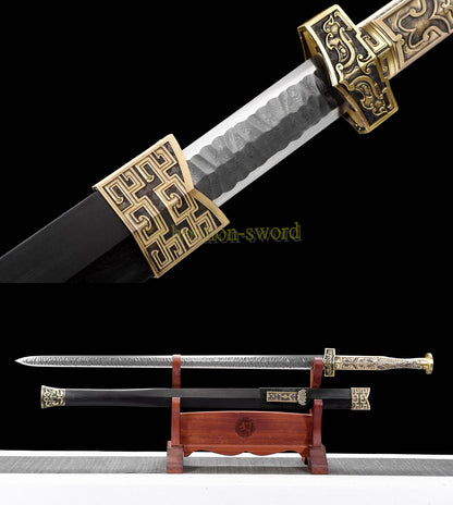 Handgeschmiedetes japanisches Samurai-Schwert Katana aus Damaszener-Faltstahl, scharf, ganz in Schwarz 