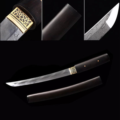 20" Damascus Folded Steel Tanto Japanese Samurai Short Sword Shirasaya Black Wood