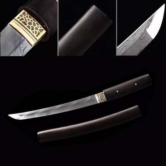 20" Damascus Folded Steel Tanto Japanese Samurai Short Sword Shirasaya Black Wood