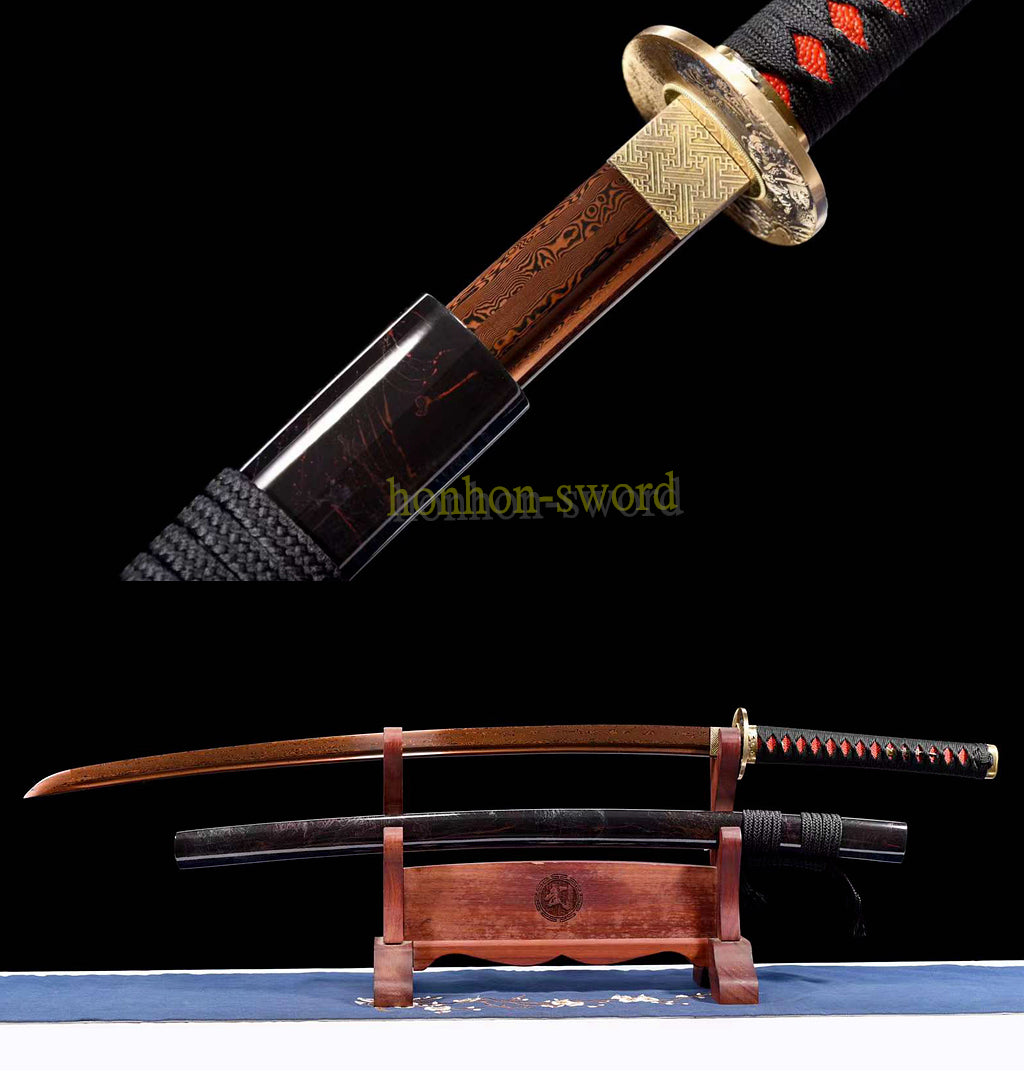 Épée de samouraï japonaise en acier plié noir, katana, lame tranchante faite à la main, noire 