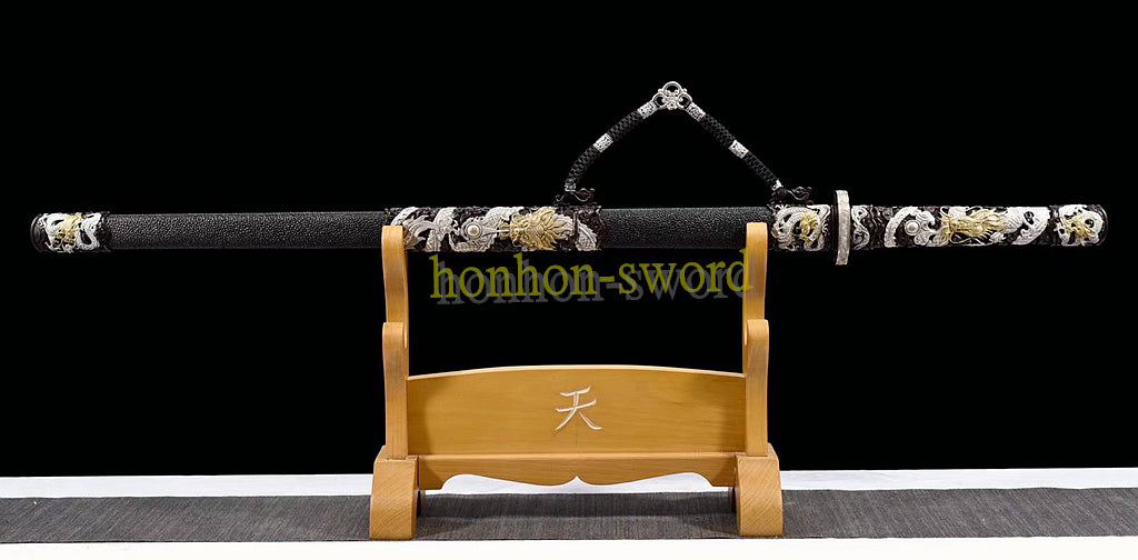 Japanisches Samurai-Schwert Katana aus schwarzem gefaltetem Stahl, Full Tang, handgefertigt, scharfe Klinge, schwarz 