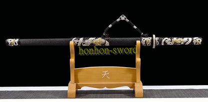 Japanisches Samurai-Schwert Katana aus schwarzem gefaltetem Stahl, Full Tang, handgefertigt, scharfe Klinge, schwarz 