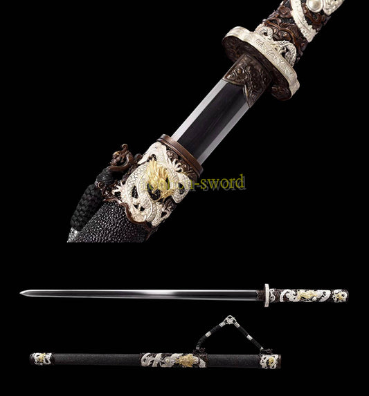 High Quality Self-refined Folded Steel Qing Jian 剑 Chinese Sword Brass Fitting Rayskin Black