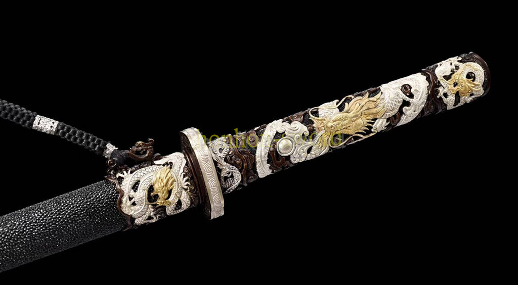 Japanisches Samurai-Schwert Katana aus schwarzem gefaltetem Stahl, Full Tang, handgefertigt, scharfe Klinge, schwarz 
