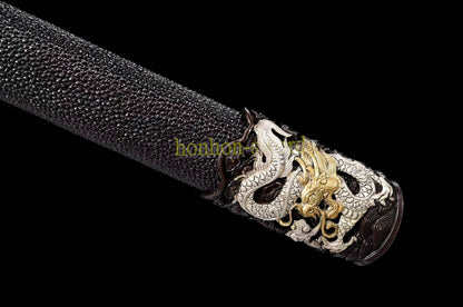 High Quality Self-refined Folded Steel Qing Jian 剑 Chinese Sword Brass Fitting Rayskin Black