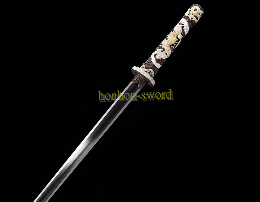 High Quality Self-refined Folded Steel Qing Jian 剑 Chinese Sword Brass Fitting Rayskin Black