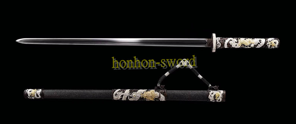 High Quality Self-refined Folded Steel Qing Jian 剑 Chinese Sword Brass Fitting Rayskin Black