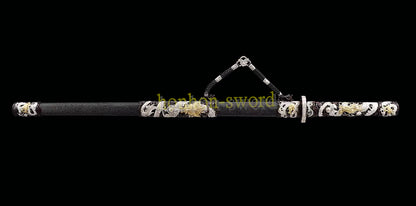 Japanisches Samurai-Schwert Katana aus schwarzem gefaltetem Stahl, Full Tang, handgefertigt, scharfe Klinge, schwarz 