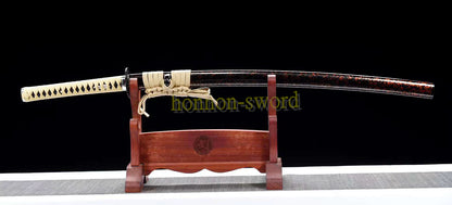 Japanisches Samurai-Schwert Katana aus schwarzem gefaltetem Stahl, Full Tang, handgefertigt, scharfe Klinge, schwarz 