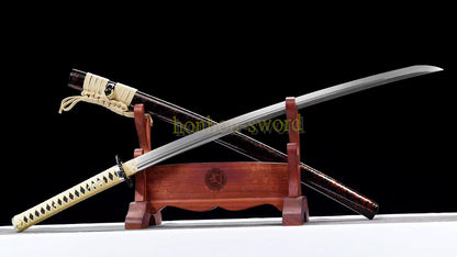 Japanisches Samurai-Schwert Katana aus schwarzem gefaltetem Stahl, Full Tang, handgefertigt, scharfe Klinge, schwarz 