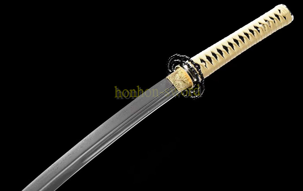 Japanisches Samurai-Schwert Katana aus schwarzem gefaltetem Stahl, Full Tang, handgefertigt, scharfe Klinge, schwarz 