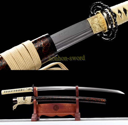 Japanisches Samurai-Schwert Katana aus schwarzem gefaltetem Stahl, Full Tang, handgefertigt, scharfe Klinge, schwarz 