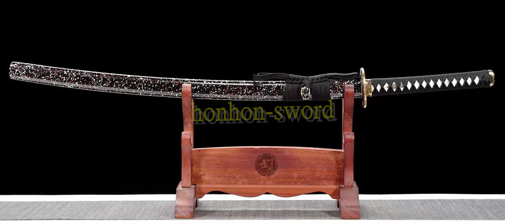 Japanisches Samurai-Schwert Katana aus schwarzem gefaltetem Stahl, Full Tang, handgefertigt, scharfe Klinge, schwarz 