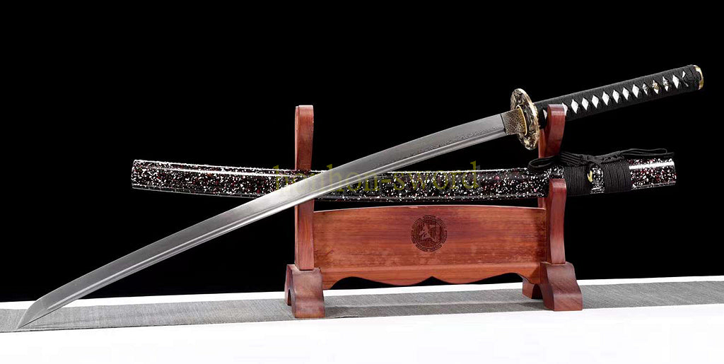 Japanisches Samurai-Schwert Katana aus schwarzem gefaltetem Stahl, Full Tang, handgefertigt, scharfe Klinge, schwarz 