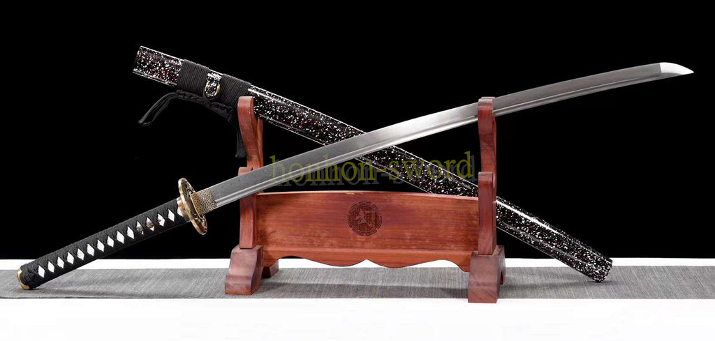 Japanisches Samurai-Schwert Katana aus schwarzem gefaltetem Stahl, Full Tang, handgefertigt, scharfe Klinge, schwarz 