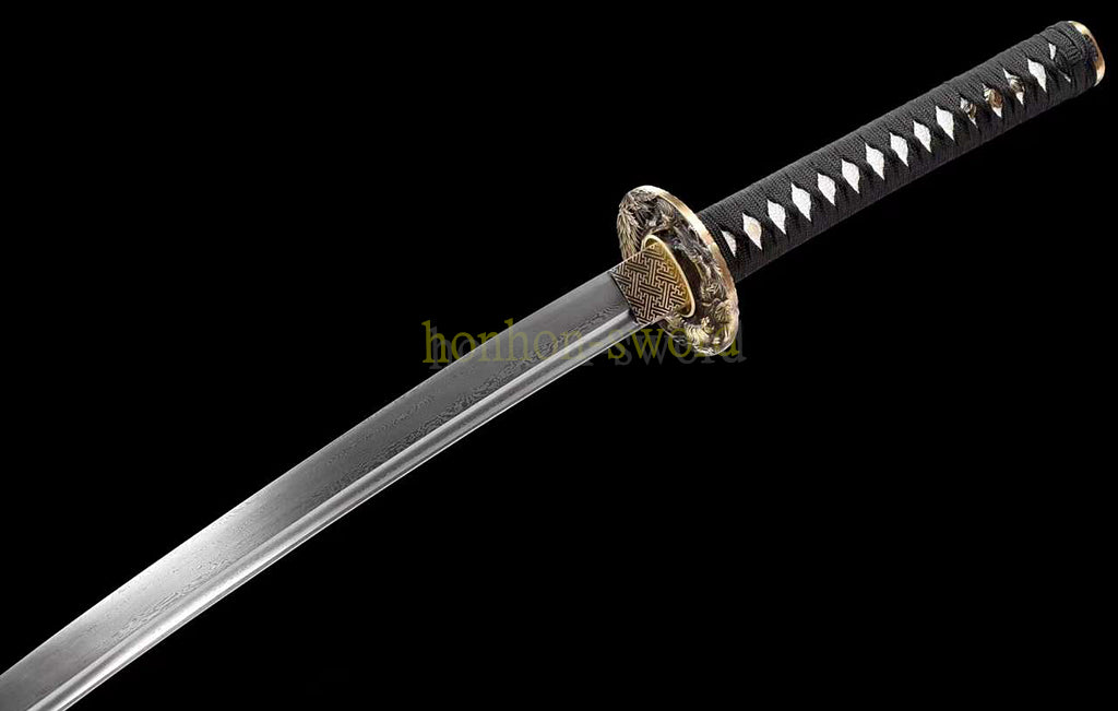 Japanisches Samurai-Schwert Katana aus schwarzem gefaltetem Stahl, Full Tang, handgefertigt, scharfe Klinge, schwarz 