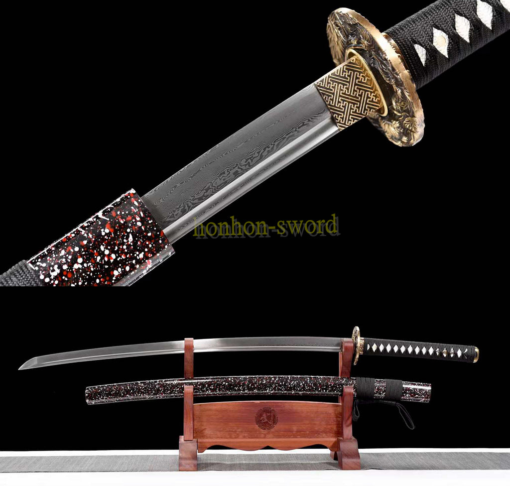 Japanisches Samurai-Schwert Katana aus schwarzem gefaltetem Stahl, Full Tang, handgefertigt, scharfe Klinge, schwarz 