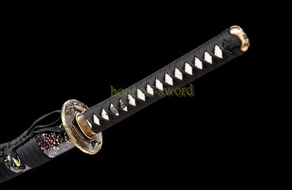 Japanisches Samurai-Schwert Katana aus schwarzem gefaltetem Stahl, Full Tang, handgefertigt, scharfe Klinge, schwarz 