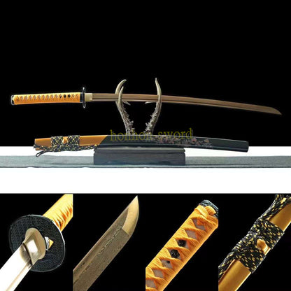 Japanisches Samurai-Schwert Katana aus schwarzem gefaltetem Stahl, Full Tang, handgefertigt, scharfe Klinge, schwarz 