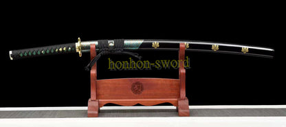 Japanisches Samurai-Schwert Katana aus schwarzem gefaltetem Stahl, Full Tang, handgefertigt, scharfe Klinge, schwarz 