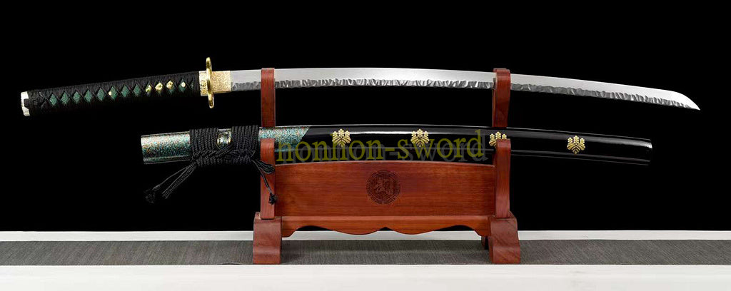 Japanisches Samurai-Schwert Katana aus schwarzem gefaltetem Stahl, Full Tang, handgefertigt, scharfe Klinge, schwarz 