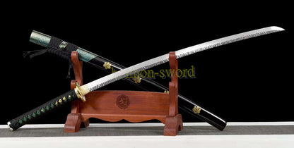 Japanisches Samurai-Schwert Katana aus schwarzem gefaltetem Stahl, Full Tang, handgefertigt, scharfe Klinge, schwarz 