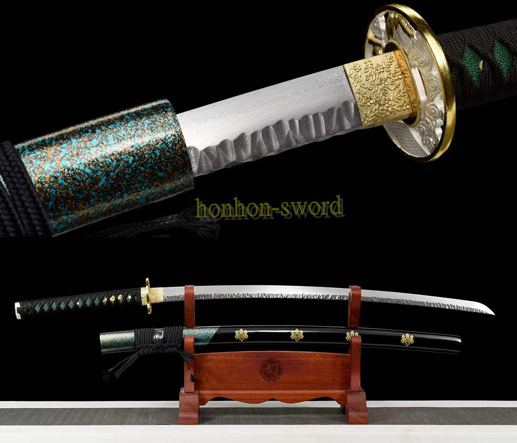 Japanisches Samurai-Schwert Katana aus schwarzem gefaltetem Stahl, Full Tang, handgefertigt, scharfe Klinge, schwarz 