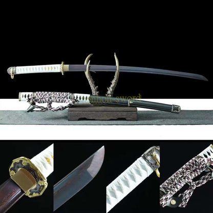 Japanisches Samurai-Schwert Katana aus schwarzem gefaltetem Stahl, Full Tang, handgefertigt, scharfe Klinge, schwarz 