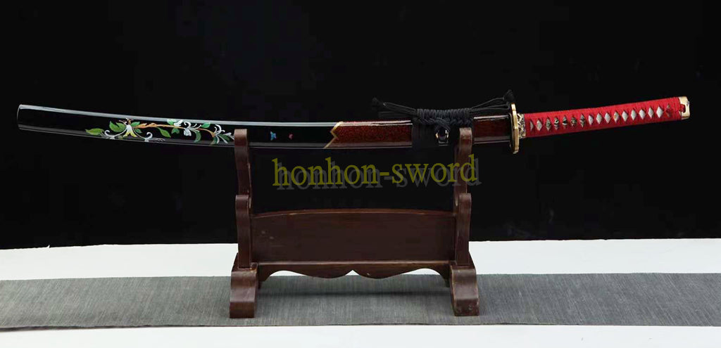 Japanisches Samurai-Schwert Katana aus schwarzem gefaltetem Stahl, Full Tang, handgefertigt, scharfe Klinge, schwarz 