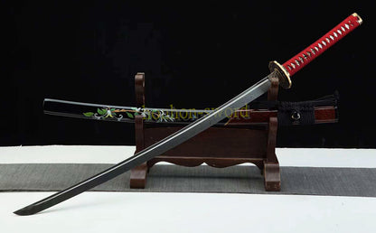 Japanisches Samurai-Schwert Katana aus schwarzem gefaltetem Stahl, Full Tang, handgefertigt, scharfe Klinge, schwarz 