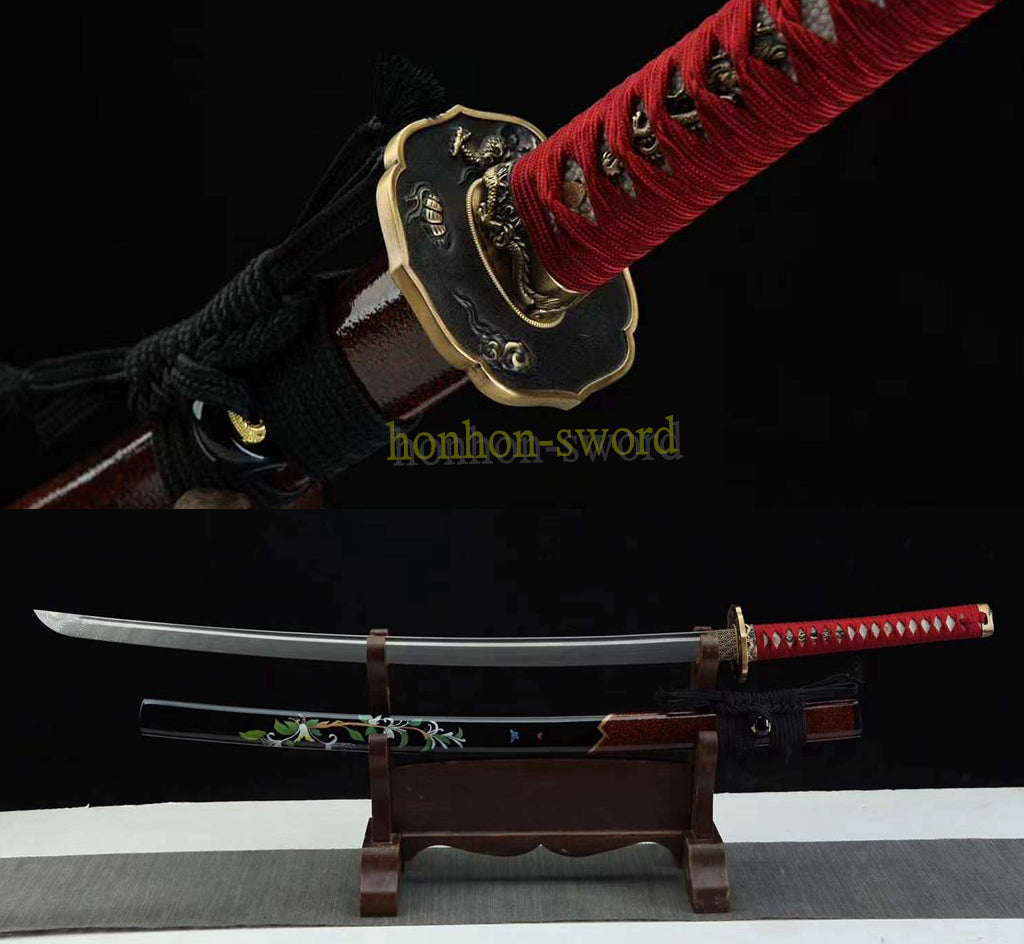 Japanisches Samurai-Schwert Katana aus schwarzem gefaltetem Stahl, Full Tang, handgefertigt, scharfe Klinge, schwarz 