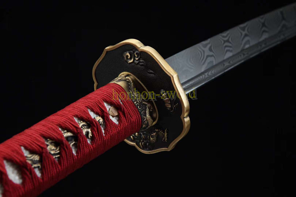 Japanisches Samurai-Schwert Katana aus schwarzem gefaltetem Stahl, Full Tang, handgefertigt, scharfe Klinge, schwarz 