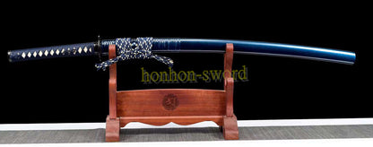 Japanisches Samurai-Schwert Katana aus schwarzem gefaltetem Stahl, Full Tang, handgefertigt, scharfe Klinge, schwarz 