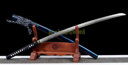 Japanisches Samurai-Schwert Katana aus schwarzem gefaltetem Stahl, Full Tang, handgefertigt, scharfe Klinge, schwarz 