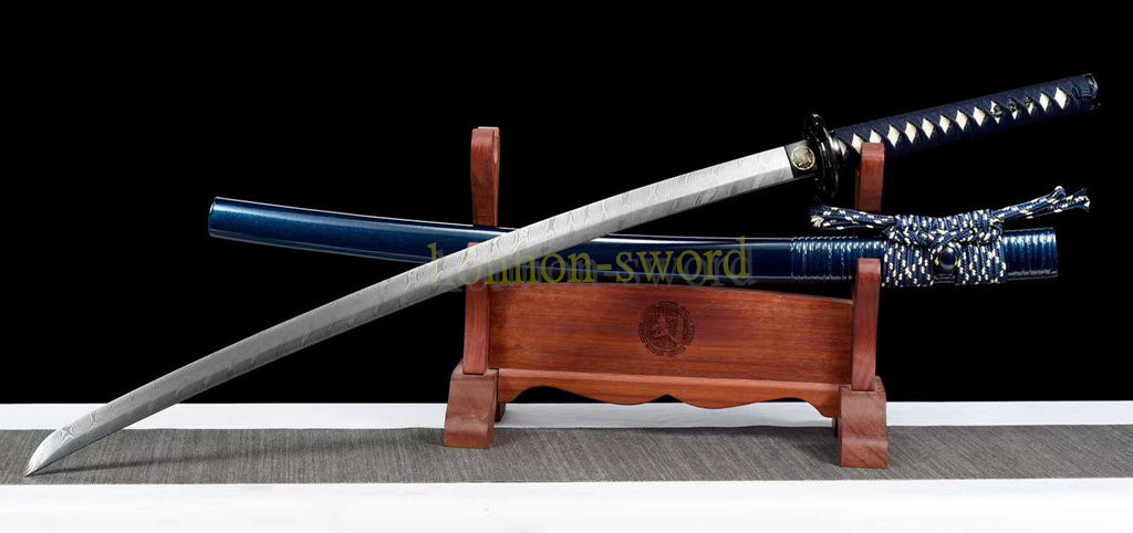 Japanisches Samurai-Schwert Katana aus schwarzem gefaltetem Stahl, Full Tang, handgefertigt, scharfe Klinge, schwarz 