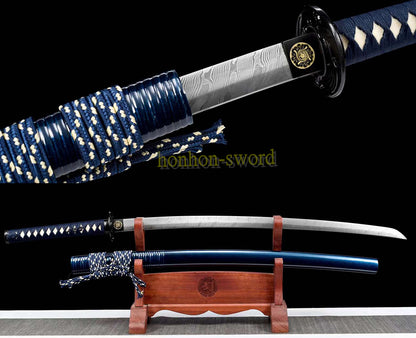 Japanisches Samurai-Schwert Katana aus schwarzem gefaltetem Stahl, Full Tang, handgefertigt, scharfe Klinge, schwarz 