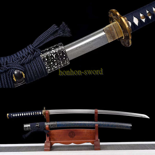 Japanisches Samurai-Schwert Katana aus schwarzem gefaltetem Stahl, Full Tang, handgefertigt, scharfe Klinge, schwarz 