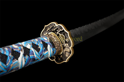 Japanisches Samurai-Schwert Katana aus schwarzem gefaltetem Stahl, Full Tang, handgefertigt, scharfe Klinge, schwarz 