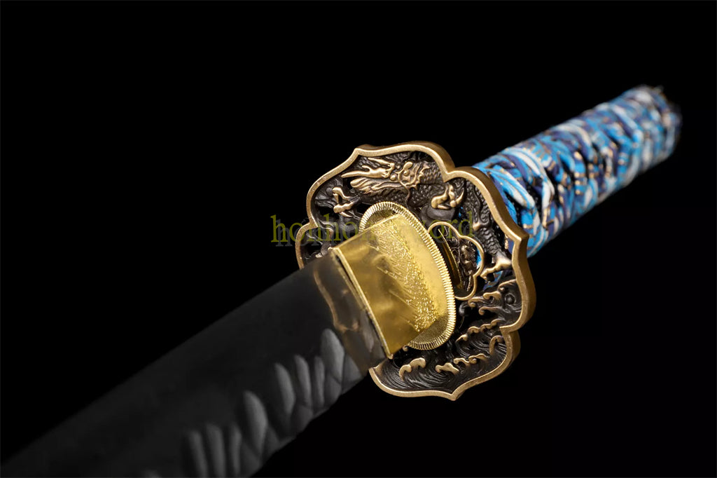 Japanisches Samurai-Schwert Katana aus schwarzem gefaltetem Stahl, Full Tang, handgefertigt, scharfe Klinge, schwarz 