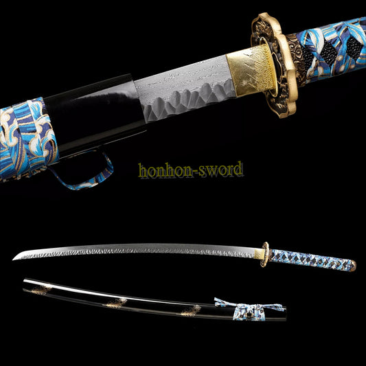 Japanisches Samurai-Schwert Katana aus schwarzem gefaltetem Stahl, Full Tang, handgefertigt, scharfe Klinge, schwarz 