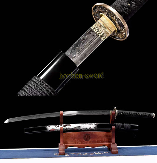 Japanisches Samurai-Schwert Katana aus schwarzem gefaltetem Stahl, Full Tang, handgefertigt, scharfe Klinge, schwarz 