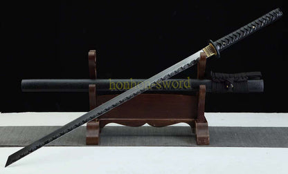 Japanisches Samurai-Schwert Katana aus schwarzem gefaltetem Stahl, Full Tang, handgefertigt, scharfe Klinge, schwarz 