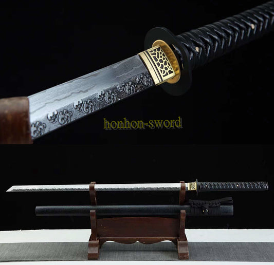 Japanisches Samurai-Schwert Katana aus schwarzem gefaltetem Stahl, Full Tang, handgefertigt, scharfe Klinge, schwarz 