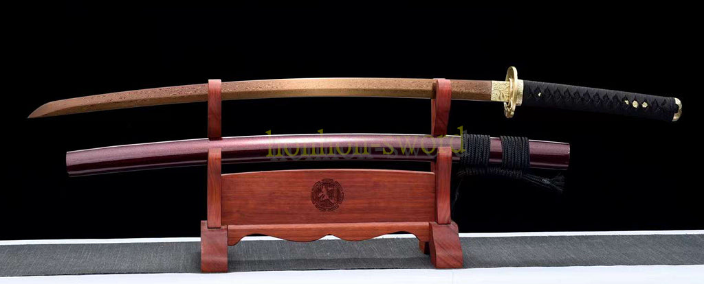 Japanisches Samurai-Schwert Katana aus schwarzem gefaltetem Stahl, Full Tang, handgefertigt, scharfe Klinge, schwarz 