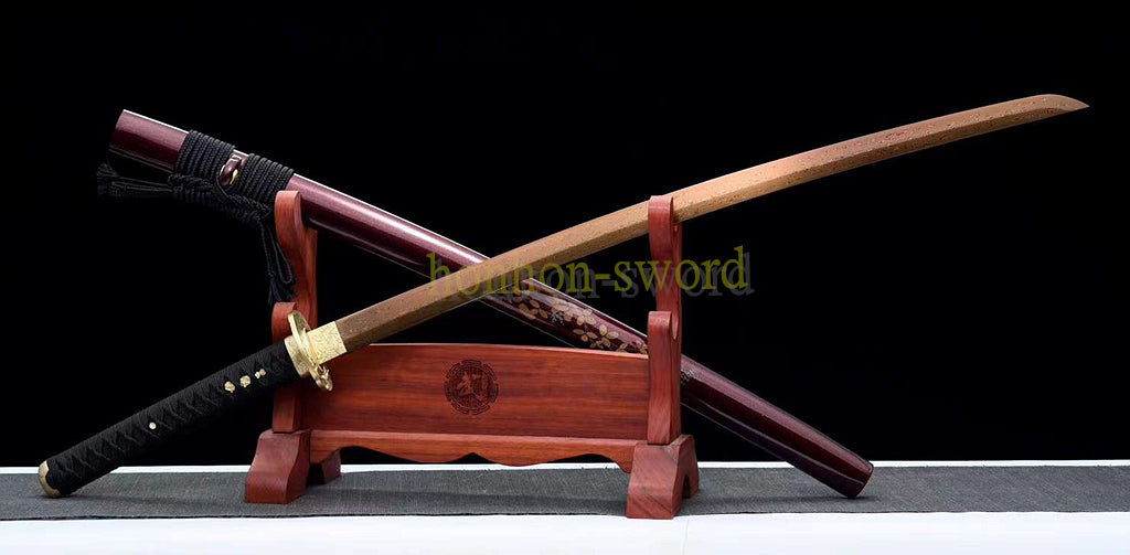 Japanisches Samurai-Schwert Katana aus schwarzem gefaltetem Stahl, Full Tang, handgefertigt, scharfe Klinge, schwarz 