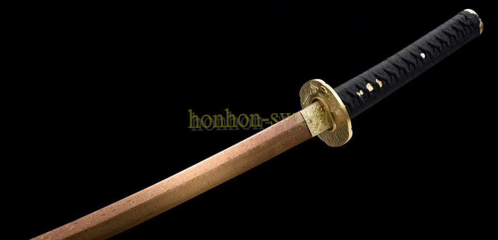 Japanisches Samurai-Schwert Katana aus schwarzem gefaltetem Stahl, Full Tang, handgefertigt, scharfe Klinge, schwarz 