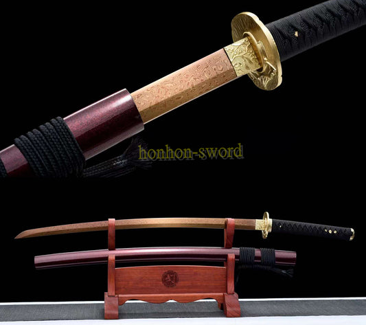 Japanisches Samurai-Schwert Katana aus schwarzem gefaltetem Stahl, Full Tang, handgefertigt, scharfe Klinge, schwarz 