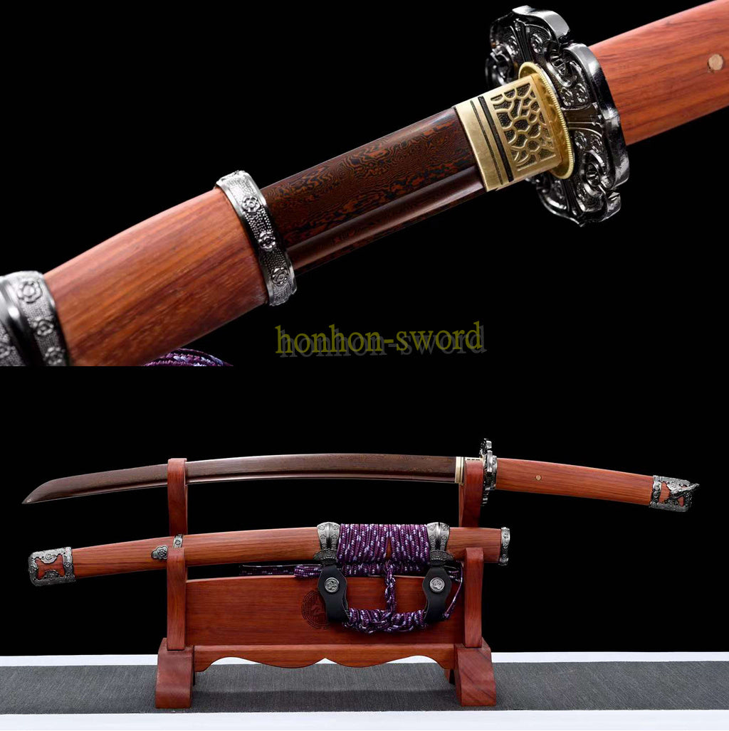 Japanisches Samurai-Schwert Katana aus schwarzem gefaltetem Stahl, Full Tang, handgefertigt, scharfe Klinge, schwarz 