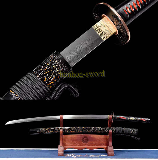 Japanisches Samurai-Schwert Katana aus schwarzem gefaltetem Stahl, Full Tang, handgefertigt, scharfe Klinge, schwarz 